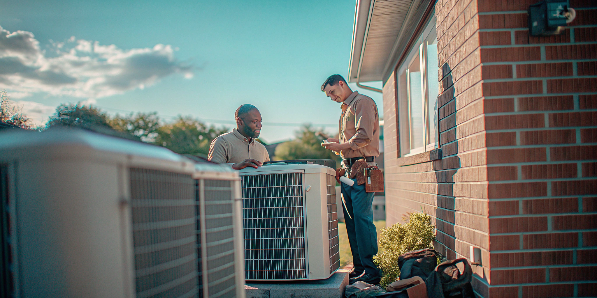 An HVAC technician performing an AC compressor replacement on an outdoor air conditioning unit.
