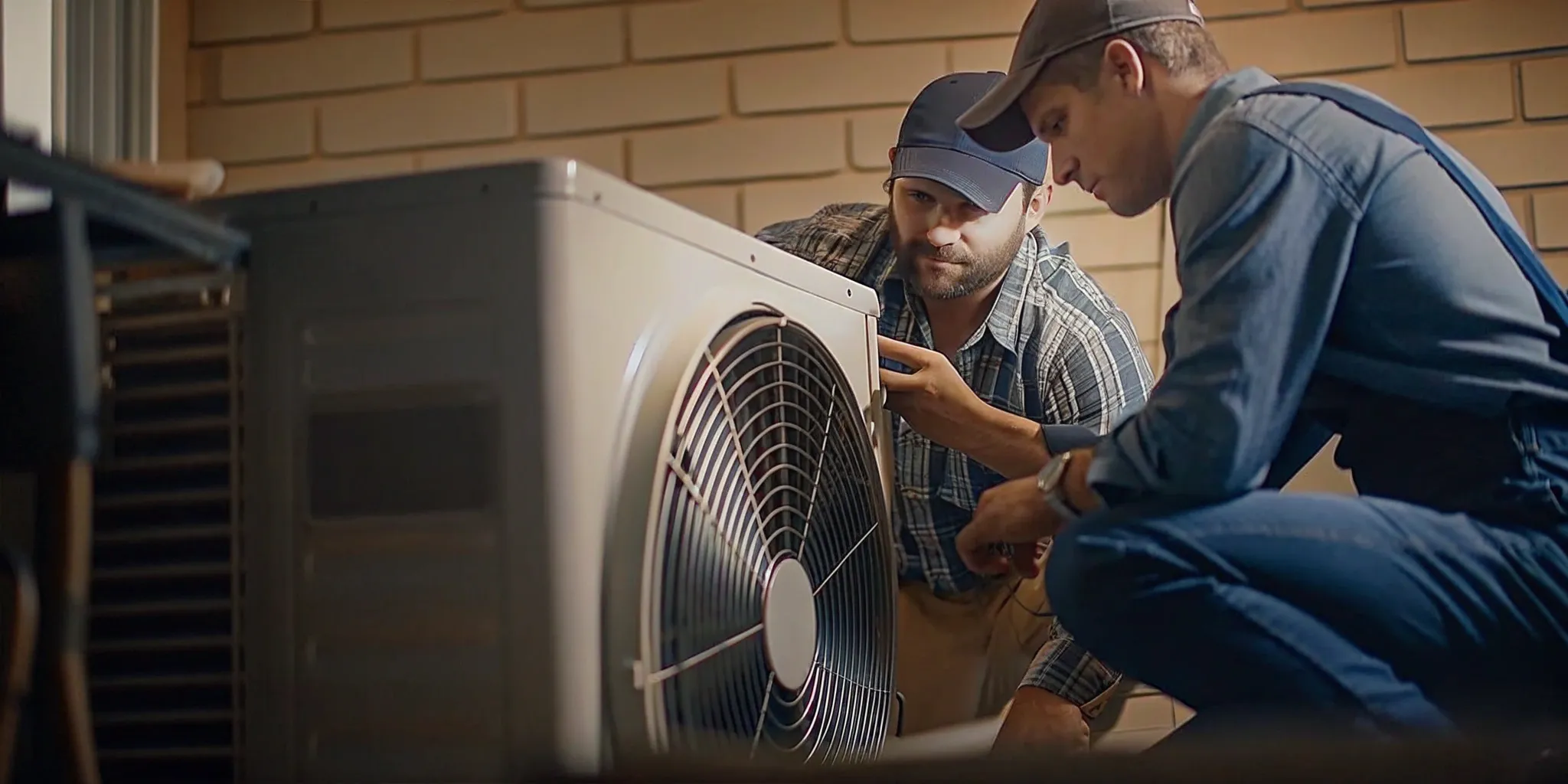 A person inspecting a broken air conditioner fan before starting a repair.