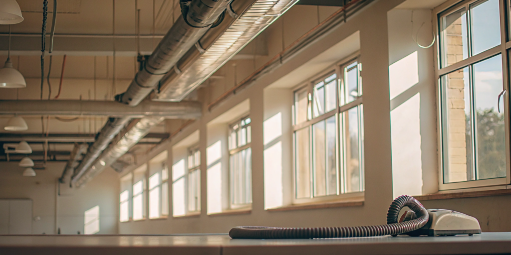 Professional air duct cleaning service using specialized equipment inside a commercial ventilation system.