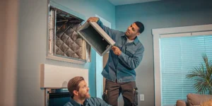 Technicians performing a professional air duct cleaning service in a home.