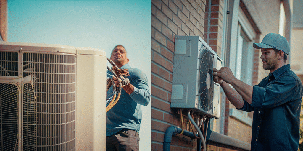 Average cost of furnace and air conditioner replacement shown by technicians installing a new system.