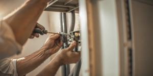 Hands performing a DIY furnace ignitor replacement with a screwdriver.