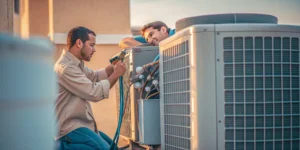 Technician performing a heat pump repair on an outdoor unit.
