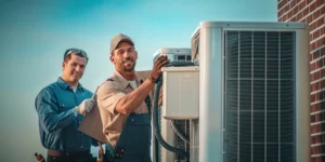 HVAC technician working on a new central air installation.