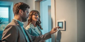 A person completing a smart thermostat installation on a wall.