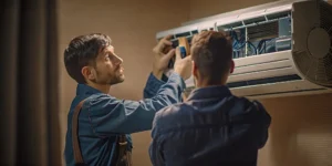 Technician providing professional split air conditioner service on an indoor unit.