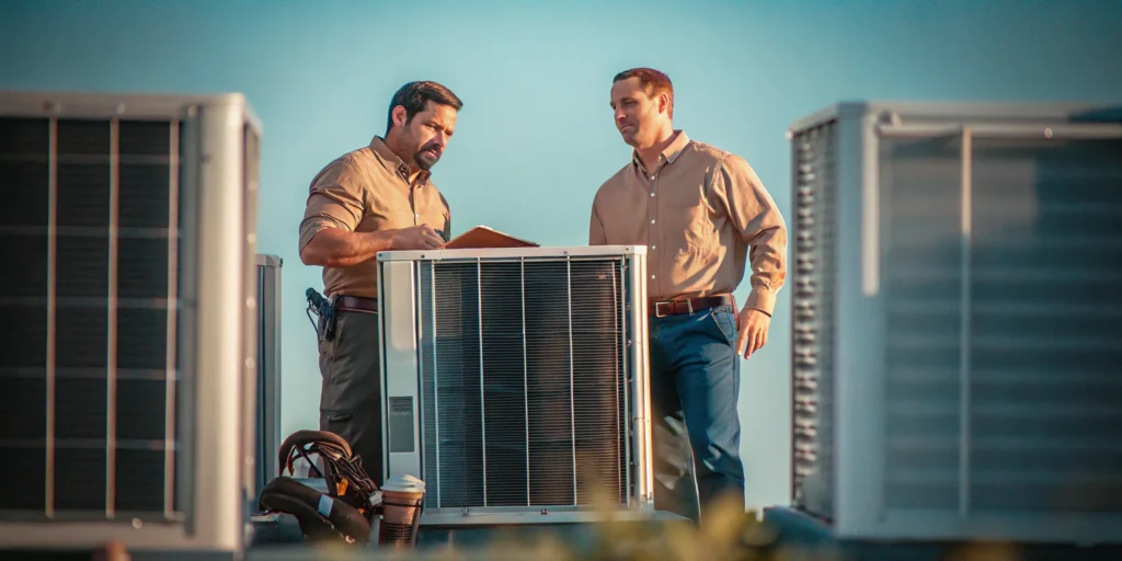 Two technicians perform a preventative HVAC tune up on rooftop units.