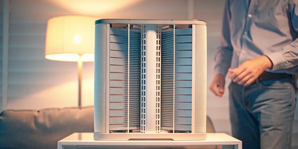 A modern whole home air purifier in a living room, ensuring clean air throughout the house.