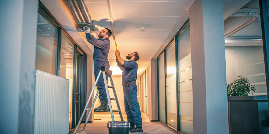 Technicians performing commercial air duct cleaning in an office HVAC system.
