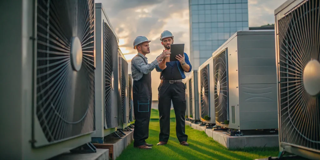 A technician from a commercial HVAC company inspects a rooftop air conditioning unit.