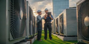 A technician from a commercial HVAC company inspects a rooftop air conditioning unit.