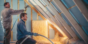Professionals performing an attic insulation installation with new fiberglass batts.