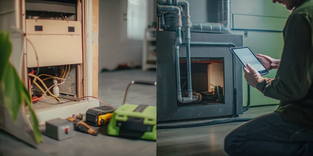 Technician diagnosing a furnace to determine the repair cost.