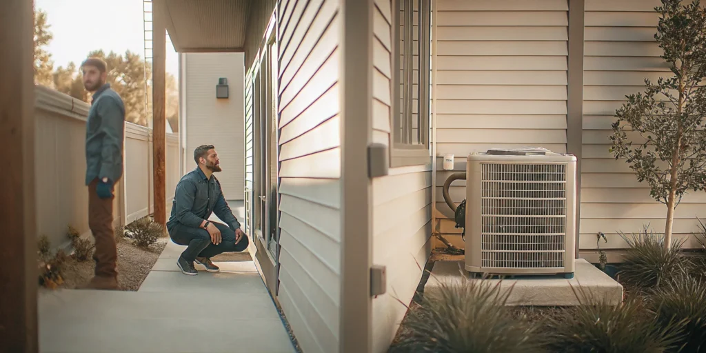 Technician inspecting a heat pump compressor to decide on repair or replacement.