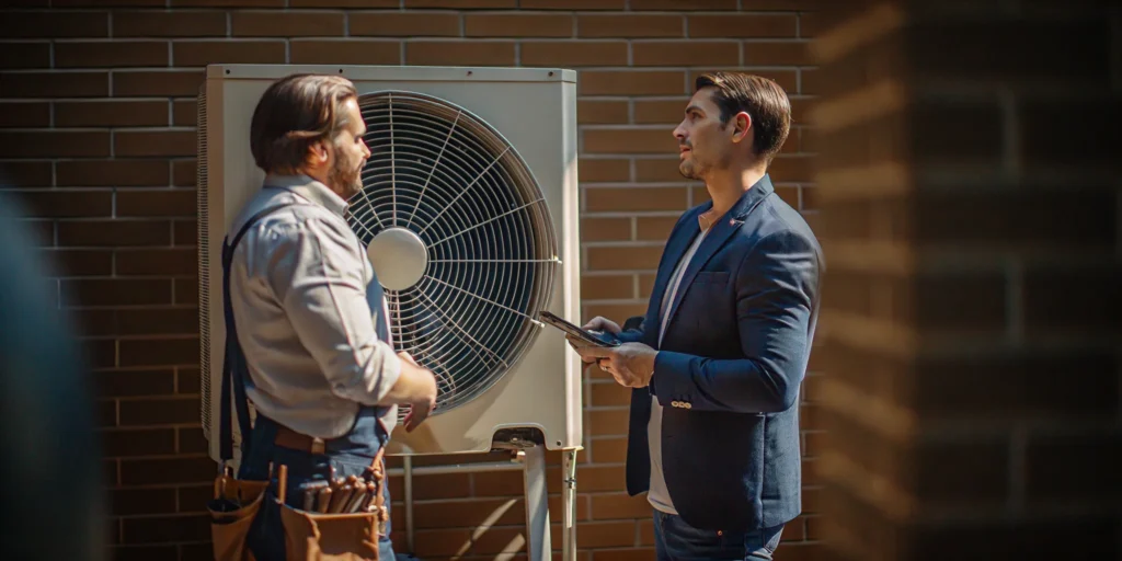 Technician discussing a heat pump reversing valve repair with a homeowner by the outdoor unit.
