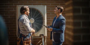 Technician discussing a heat pump reversing valve repair with a homeowner by the outdoor unit.