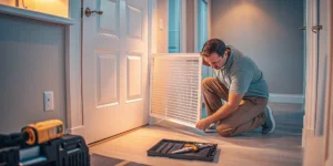 Homeowner performing home AC repair by changing a dirty air filter.