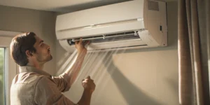 A man inspecting the filter of a whole-home HVAC air purifier.