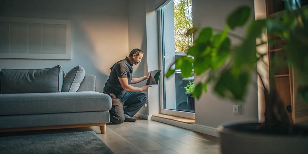 Technician performing same day AC repair on a home air conditioning unit.