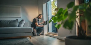 Technician performing same day AC repair on a home air conditioning unit.