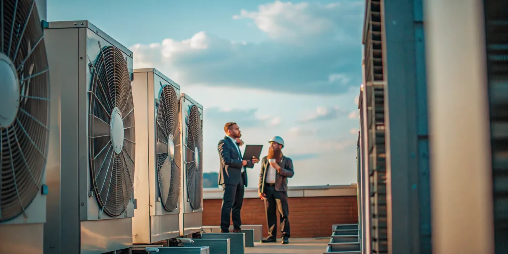 Trane HVAC company technicians servicing a commercial rooftop unit for optimal performance.