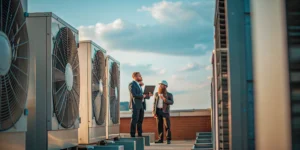 Trane HVAC company technicians servicing a commercial rooftop unit for optimal performance.