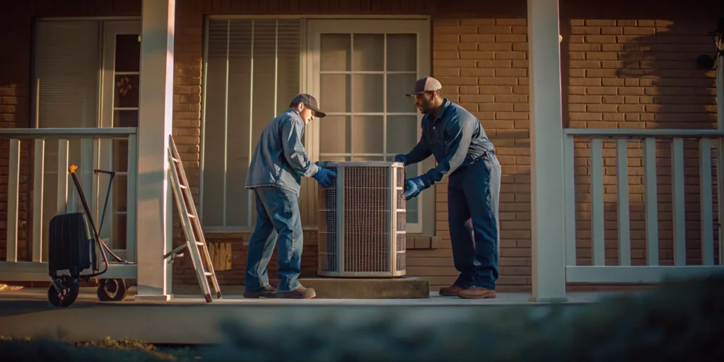 Technicians perform an AC unit replacement, a major factor in the average cost.