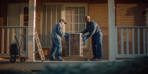 Technicians perform an AC unit replacement, a major factor in the average cost.