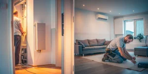 Technician wiring a new unit during a central air installation.