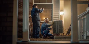 Two HVAC technicians performing 24 hour emergency AC repair on an outdoor unit at night.