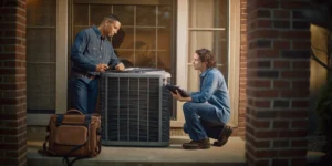 Technicians installing a new 3 ton heat pump, a key part of the total replacement cost.