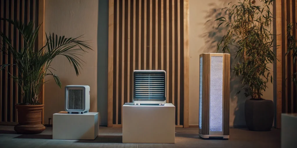 Best HVAC air purifier with UV light, featuring three models in a modern home.