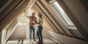 Contractors from an attic insulation company completing a professional installation.