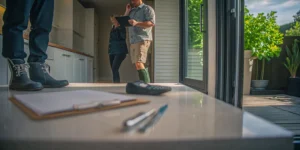 HVAC technician discusses the average service call cost with a homeowner.