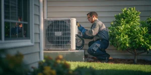 HVAC technician performing essential heat pump service on an outdoor unit.