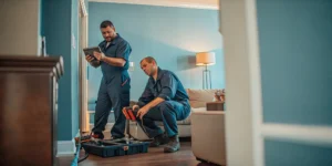 Professional mini split installers carefully mounting an indoor unit on a wall.