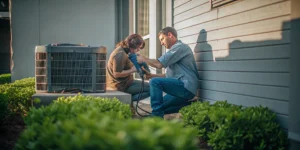Technician inspecting an HVAC compressor to determine the replacement cost.