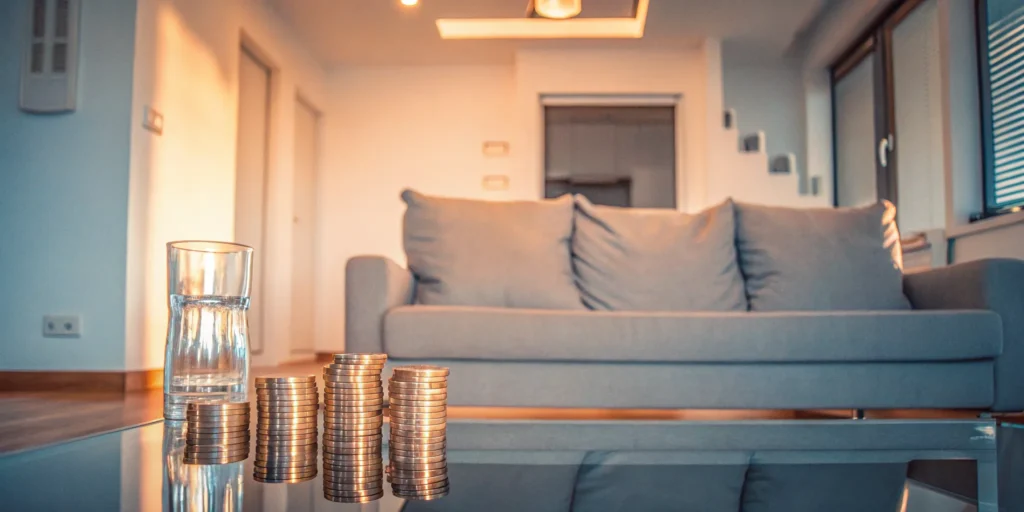 Calculating the cost of a whole home air purifier using stacks of coins on a table.