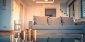Calculating the cost of a whole home air purifier using stacks of coins on a table.