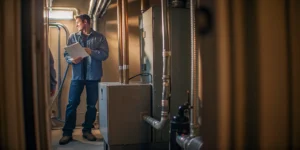 Technician inspecting a new gas furnace and estimating the installation cost.