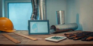 Planning the cost to install an HVAC system with ductwork using a tablet, calculator, and tools.