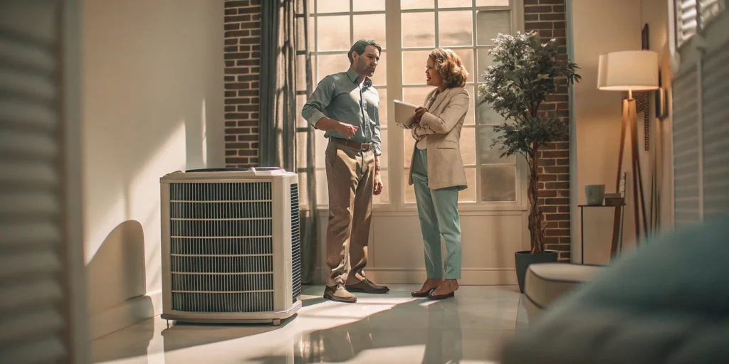 Homeowner discussing the cost of a new Trane 2.5 ton AC unit with an installer.