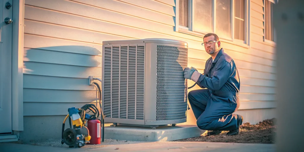 Certified technician performing a Trane heat pump repair on an outdoor unit.
