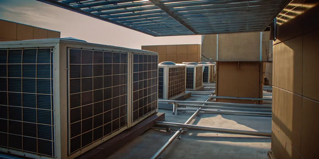 Several commercial rooftop HVAC units installed on a building's flat roof.
