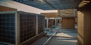 Several commercial rooftop HVAC units installed on a building's flat roof.