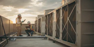 Technician performing a rooftop unit repair and inspection.
