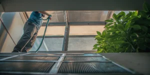 Technician performing air duct cleaning, a factor in the total cost per square foot.