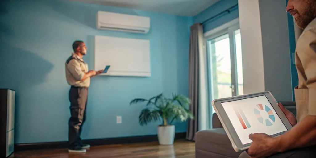 Technician reviewing the cost of installing a ductless central air system in a house.