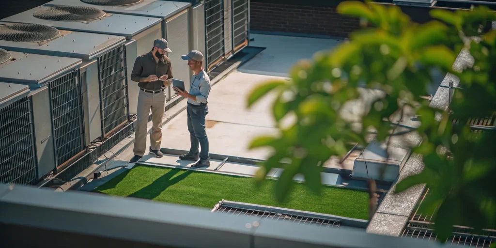 Technicians inspecting a rooftop HVAC unit to determine the installation cost.